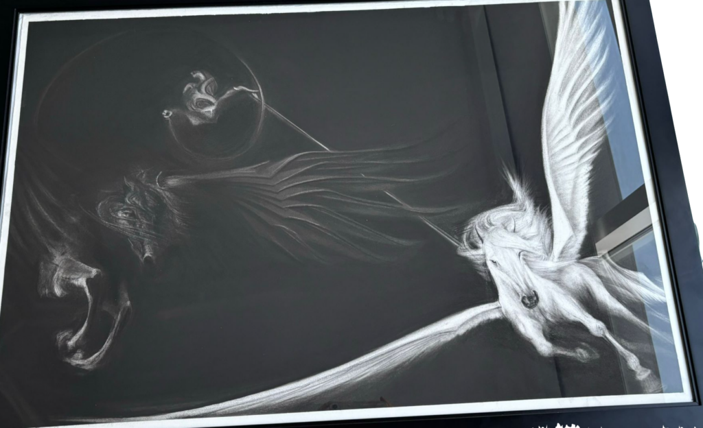 drawing in charcoal, two pegasi directed by augury