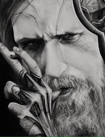 all pencil drawing man drawing and bitting his finger