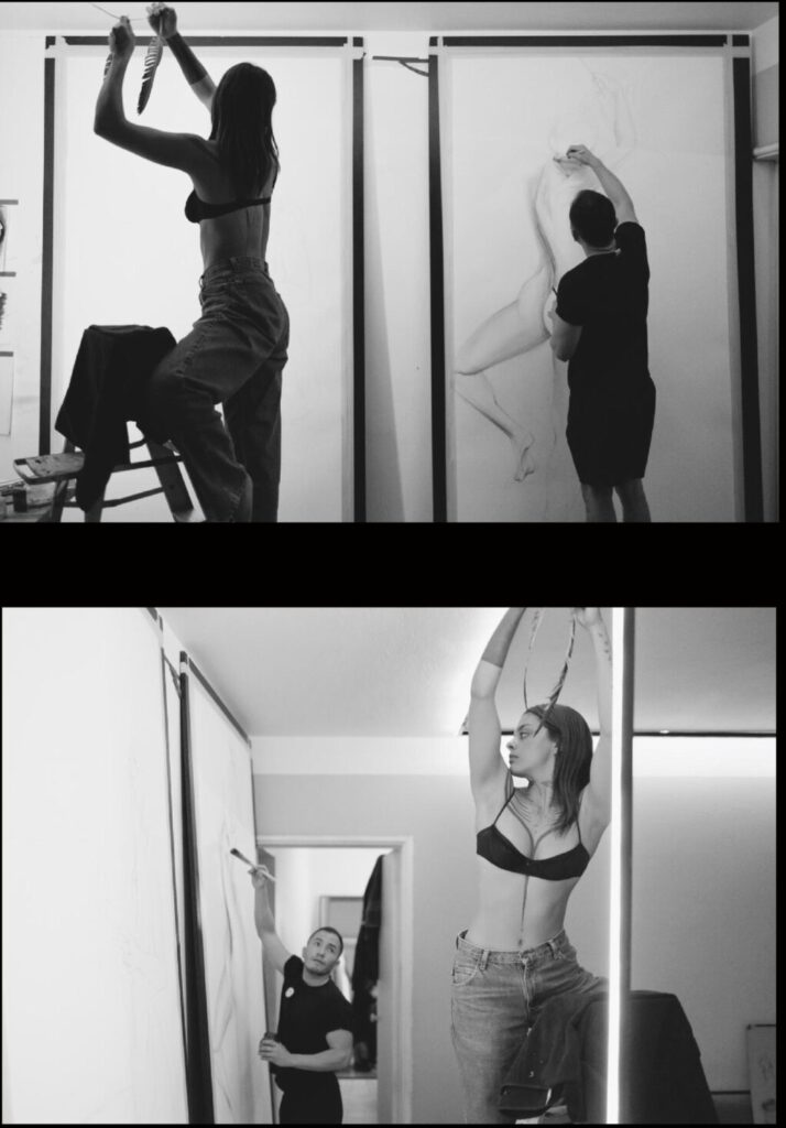 hyperrealistic girl drawing in person - charcoal