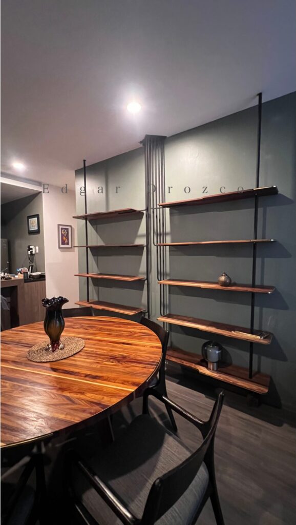 full office with all wood and metal elements, table, chair, shelves